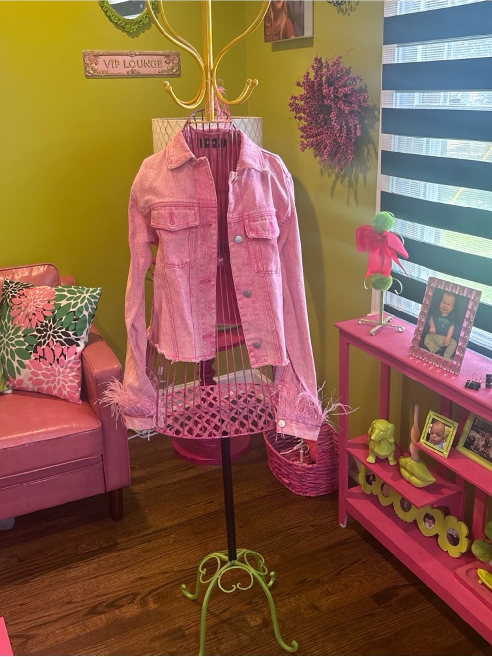 Pink Women's Denim Jacket with Feather Cuffs